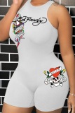 Casual Skull Head Letter Print O Neck Sleeveless Skinny Vest Tank Rompers Playsuits