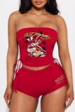 Sexy Casual Cartoon Print Backless Strapless Sleeveless Draw String Lace Up Tube Crop Tops And Shorts Sets Two Pieces Matching Sets