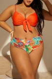 Sexy Tropical Print Backless Sleeveless Spaghetti Strap Beach Vacation Bikini Sets Plus Size Swimwear (With Paddings)