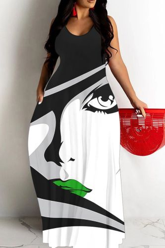 Sexy Casual Figure Print Backless Sleeveless Spaghetti Strap Loose Long Maxi Tank Dresses