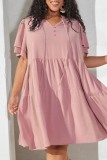 Casual Daily V Neck Short Sleeve Ruffle Hem Front Lace Up Plus Size A Line Mini Dresses
