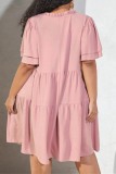 Casual Daily V Neck Short Sleeve Ruffle Hem Front Lace Up Plus Size A Line Mini Dresses