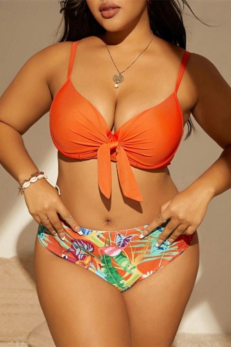 Sexy Tropical Print Backless Sleeveless Spaghetti Strap Beach Vacation Bikini Sets Plus Size Swimwear (With Paddings)