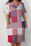 Casual American Flag Star Print V Neck Short Sleeve Pocket Plus Size Loose T Shirt Midi Dress