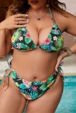 Sexy Floral Tropical Print Backless Sleeveless Lace Up Spaghetti Strap Beach Vacation Bikini Sets Plus Size Swimwear (With Paddings)