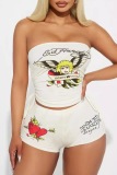 Sexy Casual Cartoon Print Backless Strapless Sleeveless Draw String Lace Up Tube Crop Tops And Shorts Sets Two Pieces Matching Sets