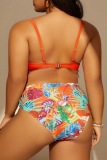Sexy Tropical Print Backless Sleeveless Spaghetti Strap Beach Vacation Bikini Sets Plus Size Swimwear (With Paddings)