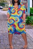 Casual Tie Dye Print V Neck Short Sleeve Pockets Loose Midi T-shirts Dress