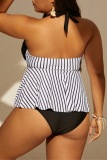 Sexy Striped Print Backless Sleeveless Belted Beach Vacation Halter Tankini Sets Plus Size Swimwear (With Paddings)