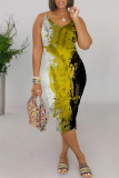 Casual Gradient Print Contrast V Neck Sleeveless Cami Bodycon Midi Dress