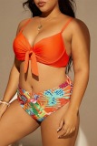 Sexy Tropical Print Backless Sleeveless Spaghetti Strap Beach Vacation Bikini Sets Plus Size Swimwear (With Paddings)