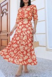 Casual Geometric Print O Neck Ruffle Hem Half Sleeve Tops High Waist Midi Skirts Two Pieces Matching Sets