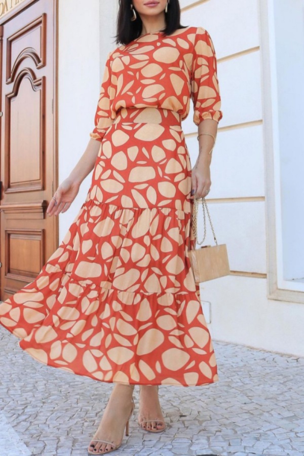 Casual Geometric Print O Neck Ruffle Hem Half Sleeve Tops High Waist Midi Skirts Two Pieces Matching Sets