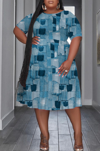 Casual Geometric Print O Neck Short Sleeve Plus Size Loose Pleated Midi Dresses