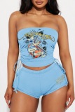 Sexy Casual Cartoon Print Backless Strapless Sleeveless Draw String Lace Up Tube Crop Tops And Shorts Sets Two Pieces Matching Sets