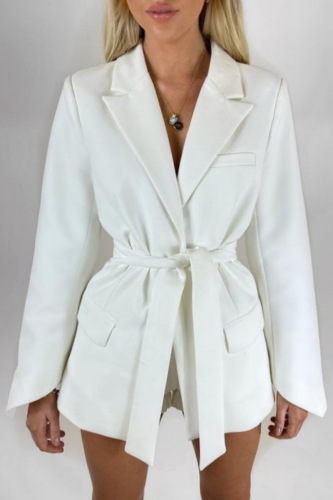 Business Wear Turn-back Collar Long Sleeves Belted Pocket Blazer Jacket