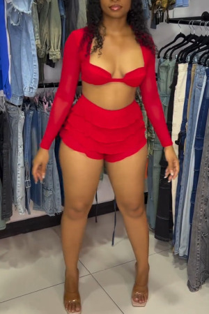 Sexy Casual Square Neck Long Sleeve Crop Tops And Ruffle Hem Shorts Two Pieces Matching Sets