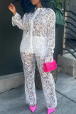Sexy Lace Turndown Collar Long Sleeve See Long Tops Matching with Straight Pants Two Pieces Set