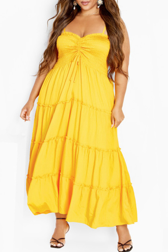 Sexy Casual Sleeveless Backless Spaghetti Strap Drawsting Ruffle Hem Long Plus Size Cami Vacation Maxi Dresses
