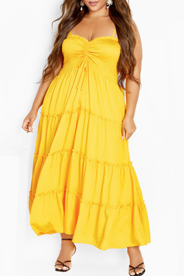 Sexy Casual Sleeveless Backless Spaghetti Strap Drawsting Ruffle Hem Long Plus Size Cami Vacation Maxi Dresses