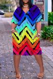 Casual Tie Dye Print V Neck Short Sleeve Pockets Loose Midi T-shirts Dress