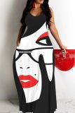Sexy Casual Figure Print Backless Sleeveless Spaghetti Strap Loose Long Maxi Tank Dresses