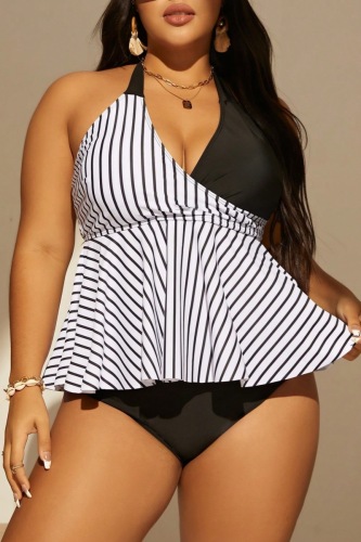 Sexy Striped Print Backless Sleeveless Belted Beach Vacation Halter Tankini Sets Plus Size Swimwear (With Paddings)