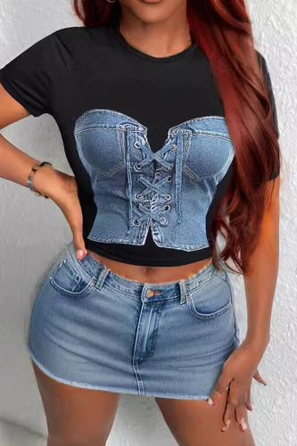 Casual Basic O Neck Short Sleeve Lace Up Denim Cropped T-Shirts