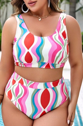 Sexy Stripe Print Backless Sleeveless U Neck Beach Vacation Bikini Sets Plus Size Swimwear (With Paddings)