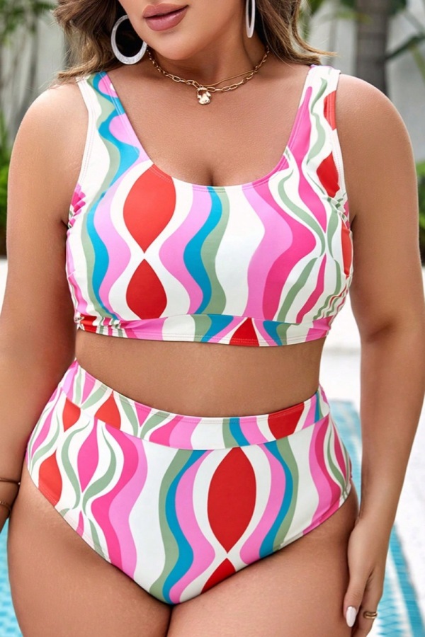 Sexy Stripe Print Backless Sleeveless U Neck Beach Vacation Bikini Sets Plus Size Swimwear (With Paddings)