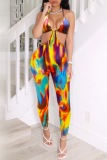 Sexy Tie Dye Print Sleeveless Backless Cut Out Lace Up Halter Skinny Jumpsuits
