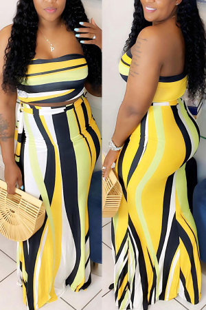 Sexy Casual Stripe Print Sleeveless Strapless Tube Crop Tops And Wide Leg Pants Vacation Two Pieces Trouser Sets