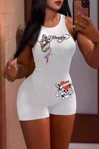 Casual Skull Head Letter Print O Neck Sleeveless Skinny Vest Tank Rompers Playsuits