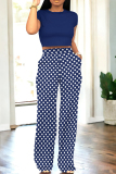 Casual O Neck Short Sleeve T Shirt And Ploka Dot Pocket Hight Waist Straight Pants Two Pieces Trousers Set