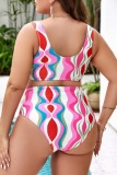 Sexy Stripe Print Backless Sleeveless U Neck Beach Vacation Bikini Sets Plus Size Swimwear (With Paddings)