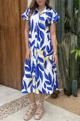 Casual Daily Leaf Print Turndown Collar Short Sleeve Button A Line Vacation Midi Shirt Dresses