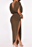 Casual Backless O Neck Sleeveless Thigh Split Ruched Irregular Hem Party Maxi Dresses