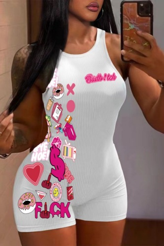Casual Letter Barbie Print O Neck Sleeveless Skinny  Vest Tank Rompers Playsuit