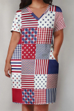 Casual American Flag Star Print V Neck Short Sleeve Pocket Plus Size Loose T Shirt Midi Dress