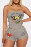 Sexy Casual Cartoon Print Backless Strapless Sleeveless Draw String Lace Up Tube Crop Tops And Shorts Sets Two Pieces Matching Sets