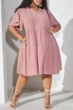 Casual Daily V Neck Short Sleeve Ruffle Hem Front Lace Up Plus Size A Line Mini Dresses