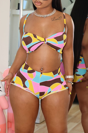 Sexy Casual Colorblock Print Sleeveless Spaghetti Strap Vacation Beach Bikini Sets Two Pieces Swimsuit