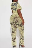 Sexy Casual Skull Head Letter Print O Neck Short Sleeve Cut Out Cropped T-shirt And Pants Two Pieces Trouser Sets