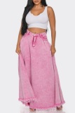 Casual Solid High Waist Raw Hem Fitted Denim Maxi Skirts