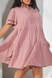 Casual Daily V Neck Short Sleeve Ruffle Hem Front Lace Up Plus Size A Line Mini Dresses