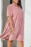Casual Daily V Neck Short Sleeve Ruffle Hem Front Lace Up Plus Size A Line Mini Dresses