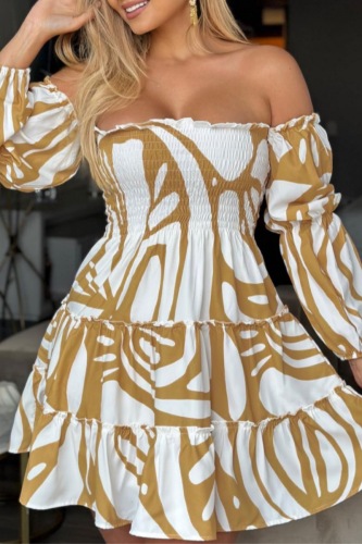 Casual Geometric Print Backless Off Shoulder Long Sleeve Ruffle Hem A Line Mini Dresses