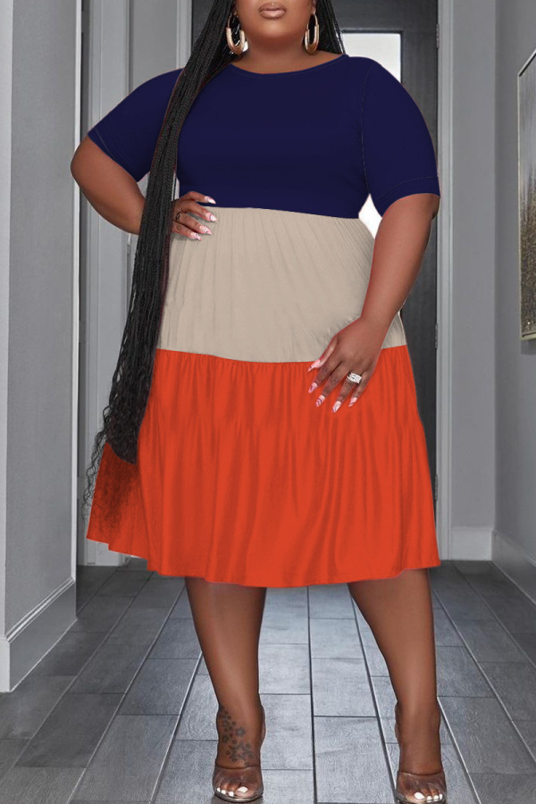 Casual Colorblock Print O Neck Short Sleeve Plus Size A Line Pleated T-shirt Midi Dresses
