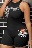Casual Skull Head Letter Print O Neck Sleeveless Skinny Vest Tank Rompers Playsuits