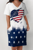 Casual American Flag Star Print V Neck Short Sleeve Pocket Plus Size Loose T Shirt Midi Dress